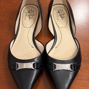Life Stride Black Pointed-Toe D'Orsay Flats with Silver Accent Plate
